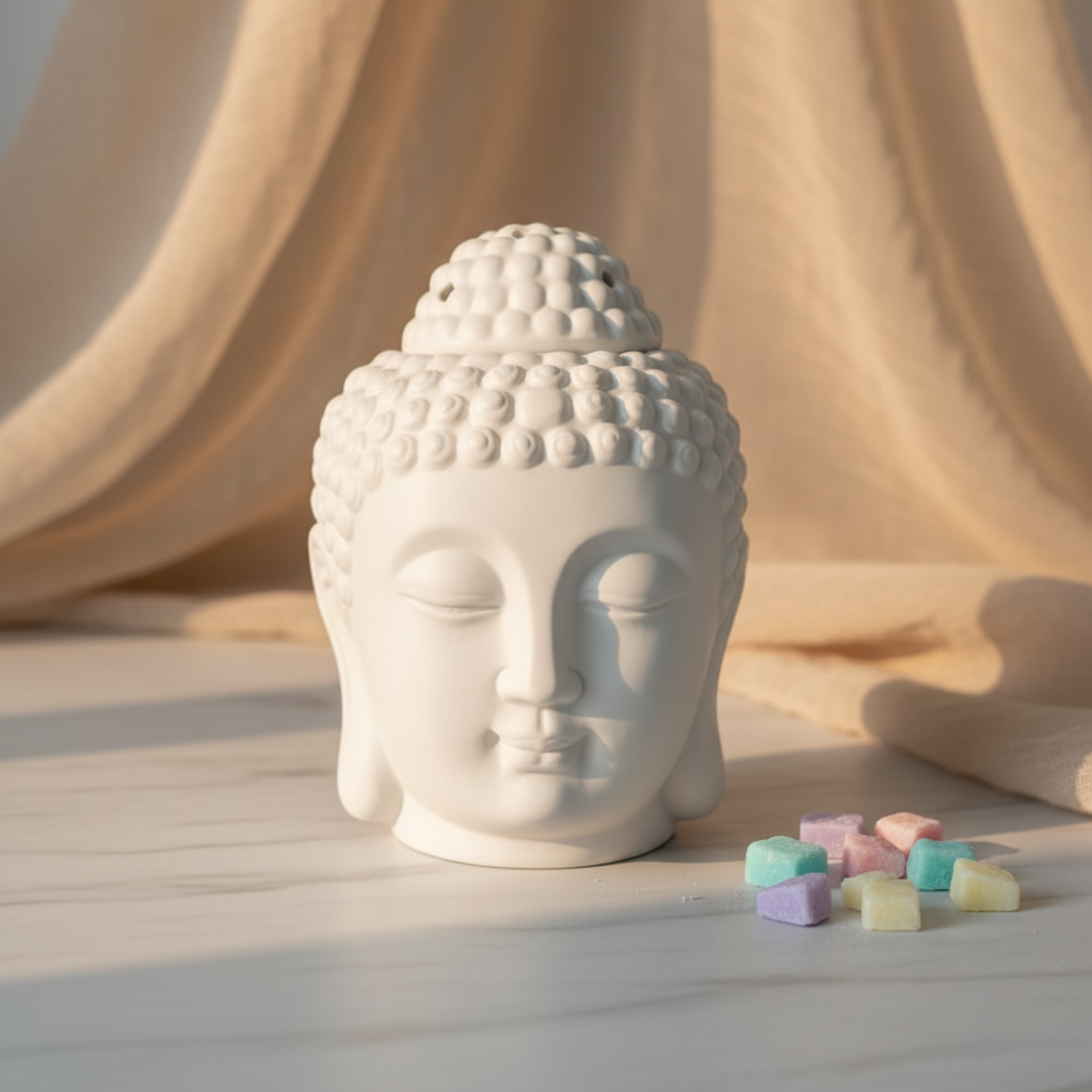 Quemador Buda con wax melts sobre mármol
