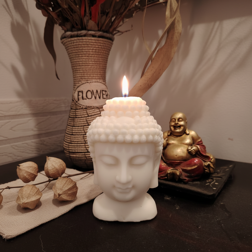 Vela Buda encendida, ambiente cálido y acogedor