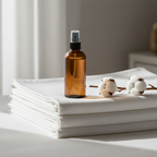 Bruma textil sobre ropa de cama de lino blanco con flores secas