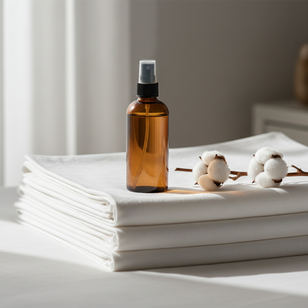 Bruma textil sobre ropa de cama de lino blanco con flores secas