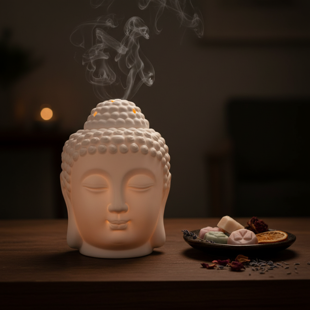 Quemador Buda encendido, ambiente nocturno acogedor
