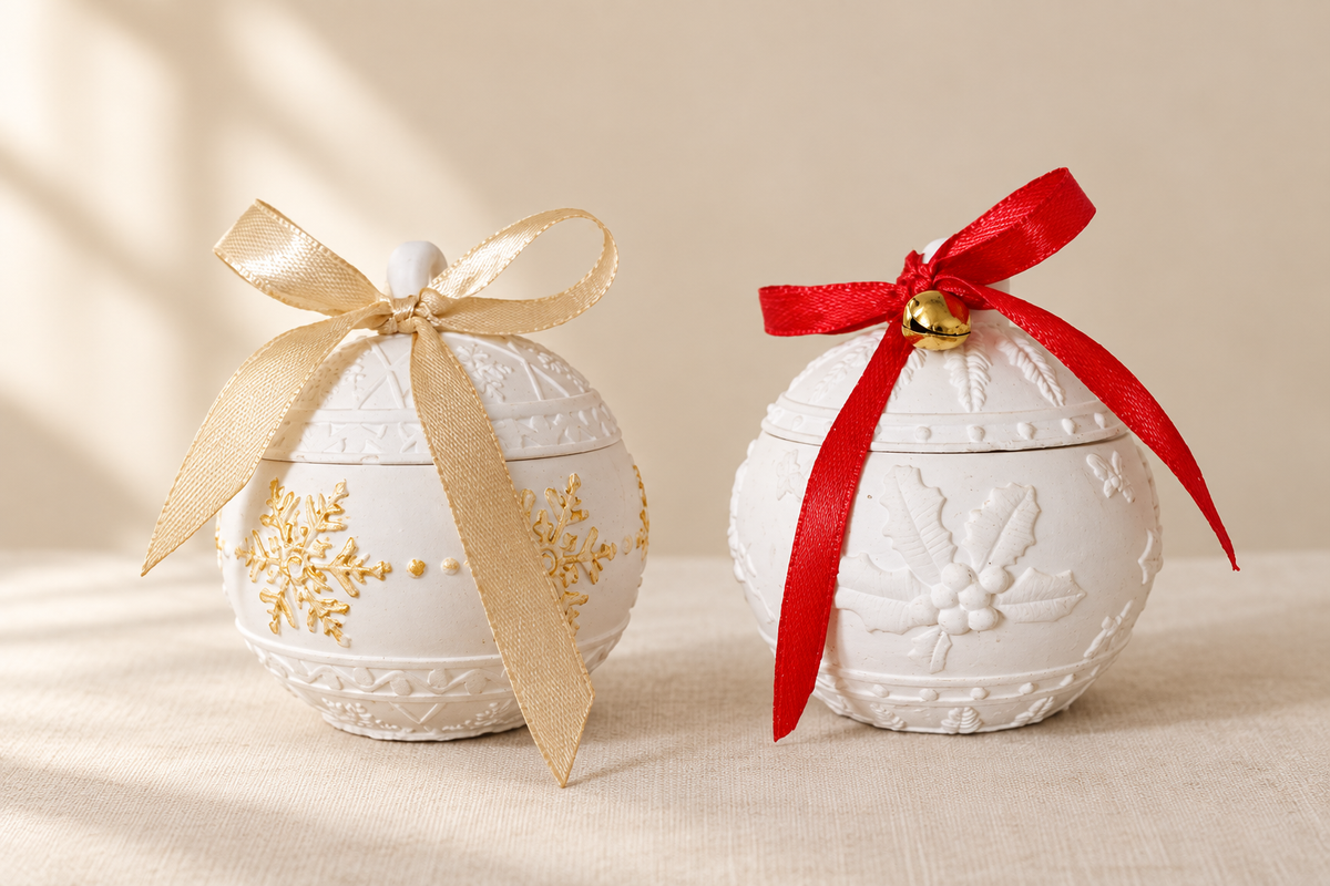 Las dos velas con lazos crema y rojo sobre fondo cálido