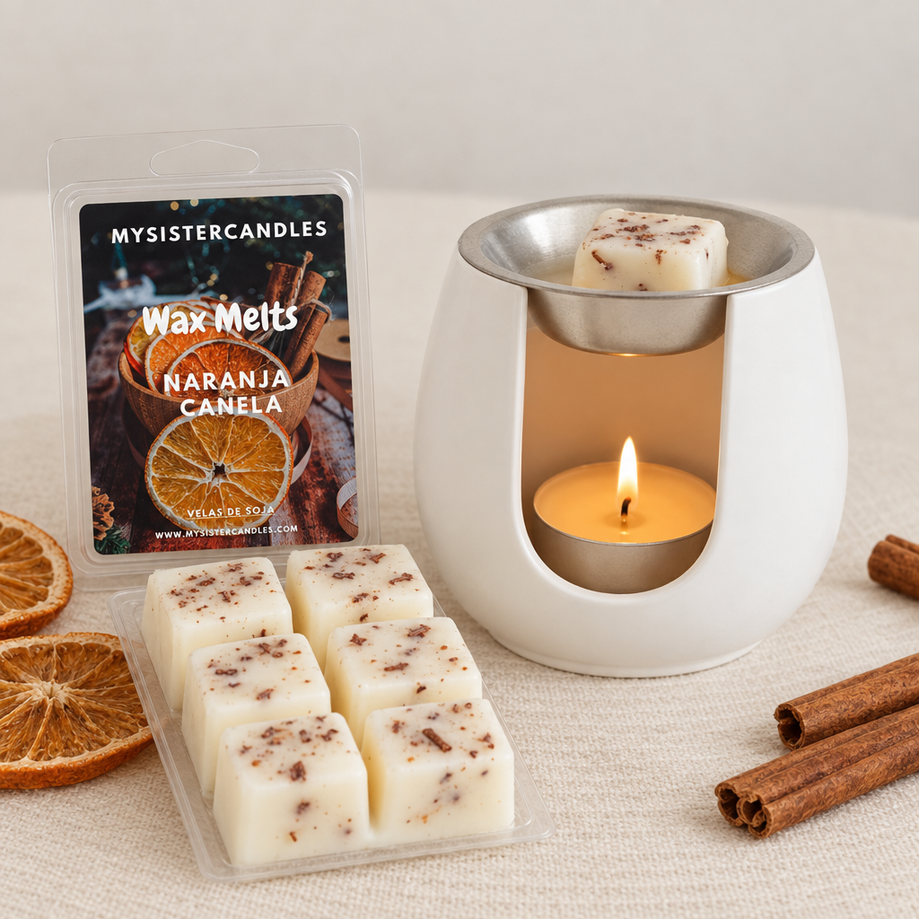 Tableta de wax melt Naranja Canela junto al quemador